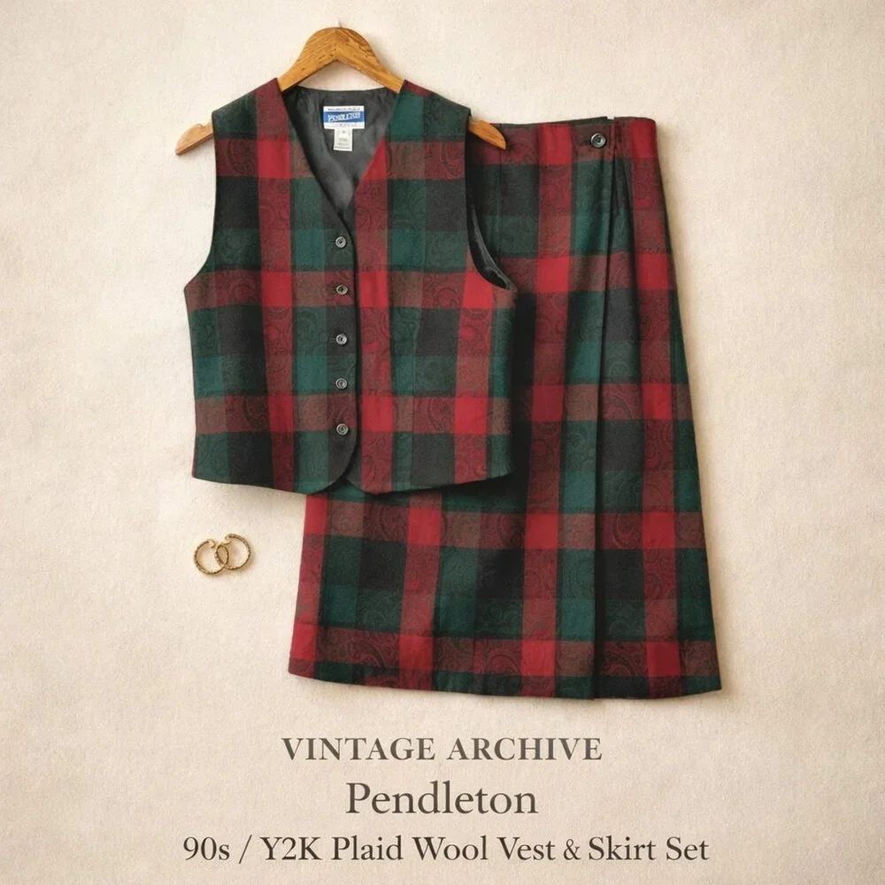 Vintage Pendleton Plaid Wool Vest Skirt Set Made in USA Size 12 - Picture 1 of 13